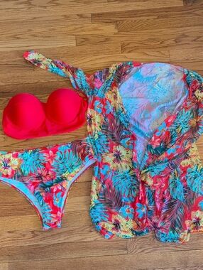 SHEIN Red Bikini Set with Tropical Floral Cover-Up